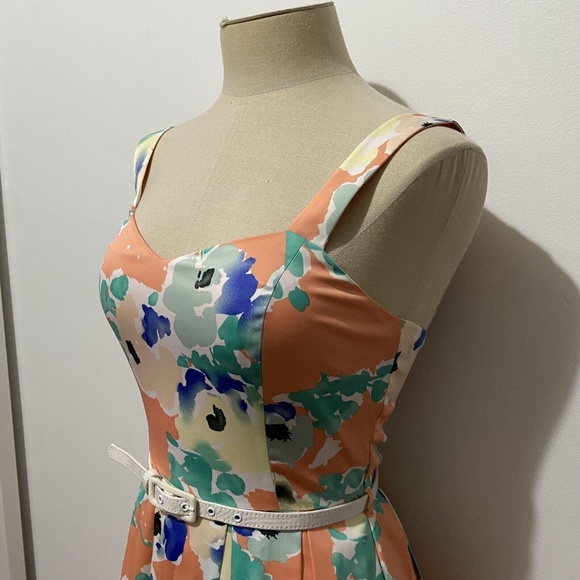 Review 8 Dress Peach Fit and Flare Floral Belt Above Knee Wedding Cocktail Party - Picture 3 of 8